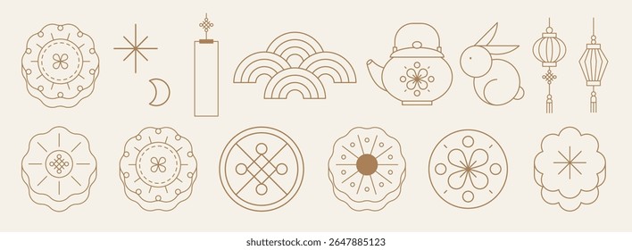 Minimalist Mid-Autumn Festival icons featuring mooncakes, lanterns, and a rabbit. Simple line art design with cultural symbols like mooncakes and lanterns. Oriental illustrations, vector set.