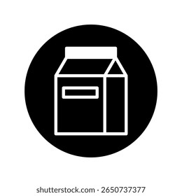 Ícone minimalista da caixa de leite apresentado em círculo preto representa negócios e saúde relacionados a alimentos