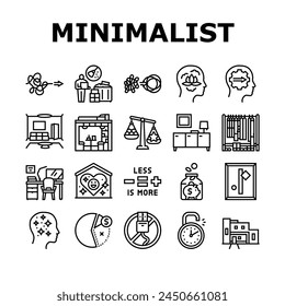 minimalist mind man person icons set vector. functional space, apartment minimal home lifestyle, simplicity modern mindful home minimalist mind man person black contour illustrations