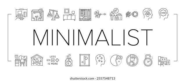 minimalist mind man person icons set vector. functional space, apartment minimal home lifestyle, simplicity modern mindful home minimalist mind man person black contour illustrations