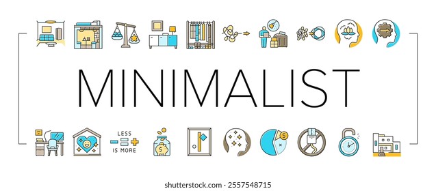 minimalist mind man person icons set vector. functional space, apartment minimal home lifestyle, simplicity modern mindful home minimalist mind man person color line illustrations