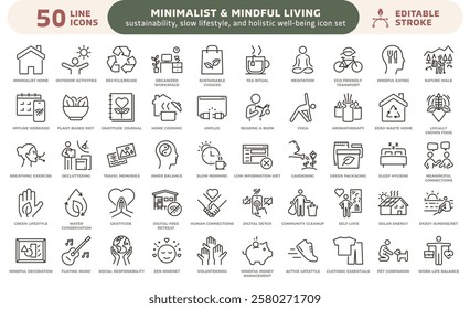Minimalist mindful living thin line icon set. Sustainability, wellness, slow lifestyle and holistic wellbeing outline vector illustrations
