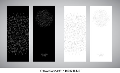 Minimalist, minimal black and white invitation, business card design, vector layout. Round radial shape decoration, circle made of uneven sparks, rays, long paint drops, droplets. Text background.