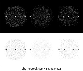 Minimalist, minimal black and white round backgrounds set, collection. Circle shape made of drops, uneven dots, paint splashes, specks, tiny spots. Radial template for border, frame, design element.