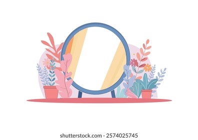 Minimalist Mirror Illustration with Plants in Pastel Tones on white background