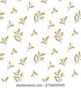 Minimalist mistletoe seamless pattern with elegant leafy branches and soft winter berries.