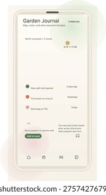 A minimalist mobile app interface for a garden journal featuring plant care notes, seasonal tracking, and sunrise times on a clean beige background with modern UI elements.