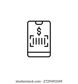 Icono minimalista del pago móvil con el símbolo del dólar y el esquema del escáner del código de barras