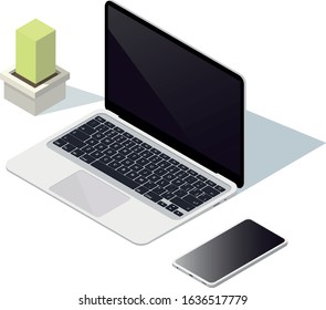 Minimalist mobile workspace for productive and healthy work. Vector isometric illustration of a modern workplace