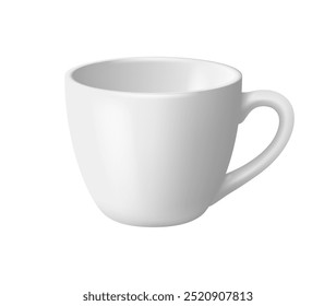 Minimalist mockup ceramic cup with handle for coffee or tea beverage. Vector realistic isolated mug for drinking warm drink, shop or store, restaurant serving. Kitchenware for home