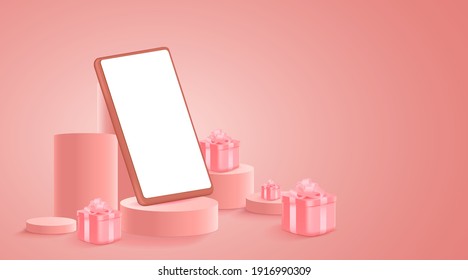 Minimalist mockup. Smartphone on Stage or podium for product presentation or showcase on Pink background. Vector Illustration.