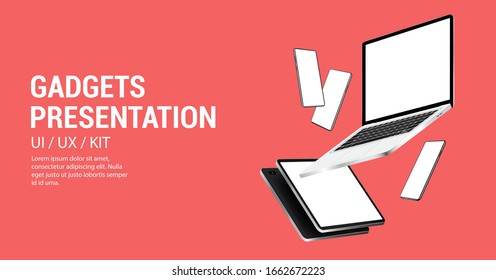 Minimalist mockups gadgets. Smartphone, laptop, tablet at different angles. Web site banner with 3D Realistic gadgets blank screen. Set mockups generic device for presentation UI design. Vector