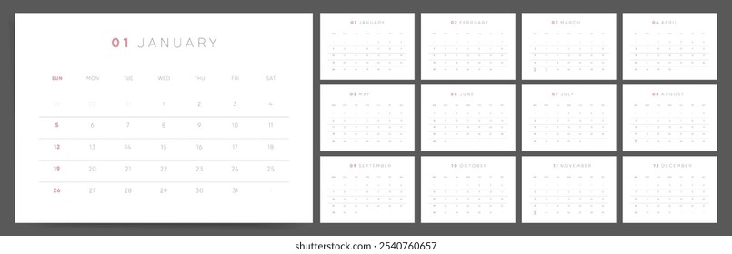 Minimalist modern 2025 Calendar, Sunday Start, Printable and Editable planner calendar vector for 2025 year