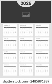 Minimalist modern 2025 wall calendar design. One page wall calendar template design ready to print for 2025 with editable image.