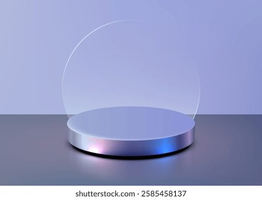 minimalist modern 3d concept 3D metallic cylindrical platform in soft lilac tones, paired with a translucent curved glass screen reflecting rainbow gradient, product displays and futuristic designs