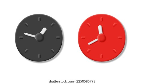 Minimalist modern 3d round wall clock, red and black. For use in the design of advertising layouts on a white background.