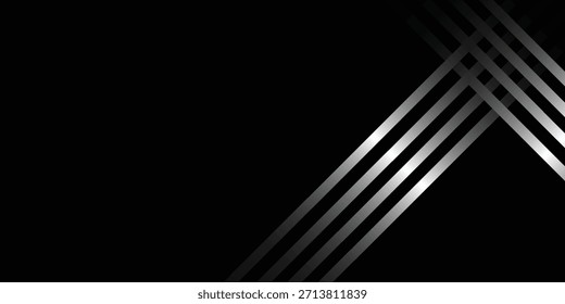 A minimalist and modern abstract background featuring several parallel silver lines intersecting in the upper right corner on a solid black backdrop, creating a sleek geometric pattern.
