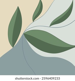A minimalist and modern abstract illustration featuring flowing organic shapes and green leaves.