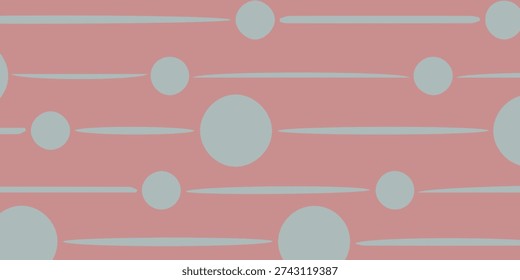 A minimalist and modern abstract pattern featuring light blue circles of varying sizes interspersed with thin, light blue horizontal lines, all set against a soft pink background, creating a harmonio.