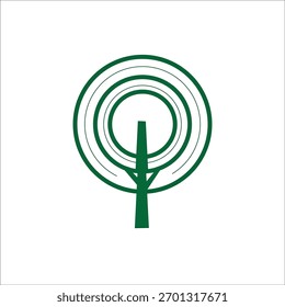 A minimalist and modern abstract representation of a tree, featuring a central trunk and branches extending outwards into concentric circles, rendered in a fresh green hue against a clean white backgr