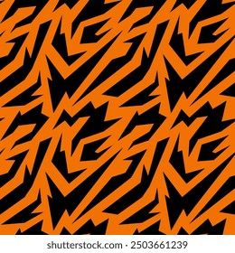 Minimalist modern abstract seamless pattern with abstract sharp shapes reminiscent of tiger skin or lightning. Flat background design. Repeating print for fabric, wrapping paper, textile