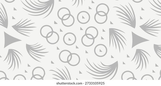 Un patrón abstracto minimalista y moderno sin fisuras con una disposición armoniosa de círculos geométricos y Formas orgánicas y fluidas, todo en una sutil paleta gris sobre blanco.