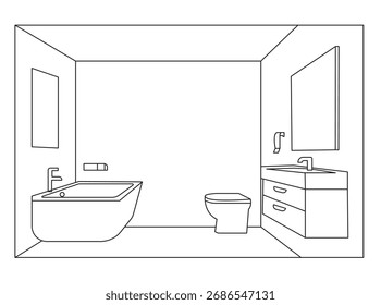 Ilustración vectorial interior minimalista de baño moderno en estilo de línea blanca y negra, que muestra una decoración de lujo para el hogar, plomería, muebles, higiene y Elementos de diseño arquitectónicos elegantes.