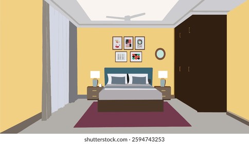 Minimalist modern bedroom interior illustration featuring a cozy bed