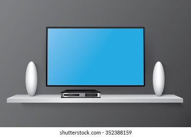 Minimalist modern black TV with white shelf.