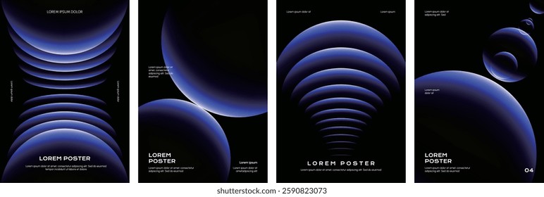 Minimalist modern blue gradient vector poster background set, arc geometric minimal shape template, futuristic cover design for social media, music, technology, flyer, ad, banner