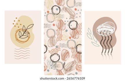 Minimalist modern boho abstract set posters and seamless pattern, soft earthy tones, botanical elements, spots, dots and organic shapes. For branding, packaging, textile prints, social media design