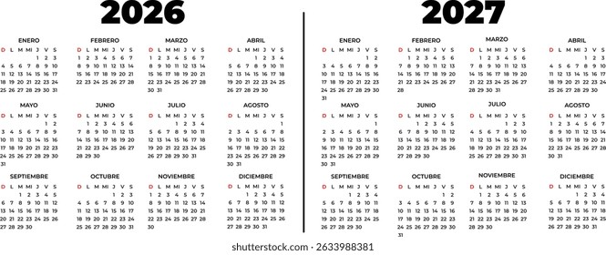 Minimalist and modern calendar for the years 2026 and 2027 in Spanish, with a clean black and white design, perfect for project planning, event management