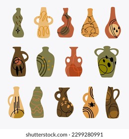 Minimalist modern ceramic pottery for interior vases, jugs. Hand drawn Ceramic Vase set. 
