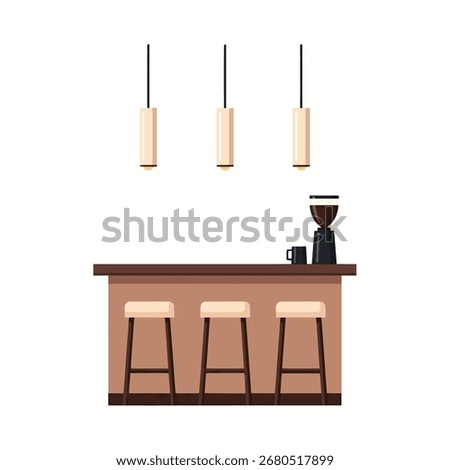 Minimalist modern coffee bar interior design with hanging lights, wooden counter, and two stools, creating a warm and inviting café space perfect for socializing, relaxing, and enjoying artisan drinks