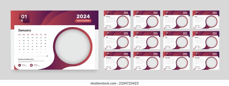 Minimalist modern desk calendar template design for 2024 with abstract gradient shapes and a custom image placeholder