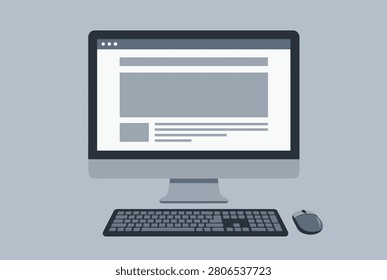 Minimalist modern desktop computer setup with a blank webpage layout, keyboard, and mouse, vector illustration.