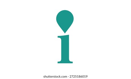 Un Diseño gráfico minimalista y moderno con una letra minúscula 'i' en color verde azulado, con el punto de la 'i' reemplazado por una forma de lágrima o de alfiler de ubicación, sobre un fondo blanco liso.