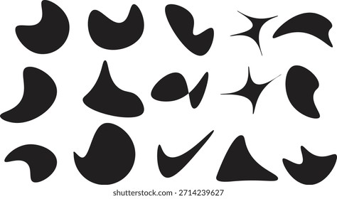 A minimalist and modern graphic displays an array of dark grey, irregular abstract shapes against a solid black background. The shapes vary in form, featuring smooth curves, crescent-like contours, an