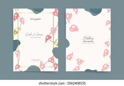 Minimalist modern greeting card design template. Exotic tropical floral minimal wedding invitation design in white, pink and blue colors. Colonial classic background with golden elements.