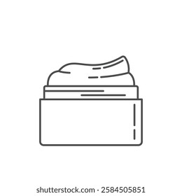 A minimalist and modern icon of an open skincare cream jar with a smooth cream texture inside. This line-art style illustration is perfect for representing beauty products,