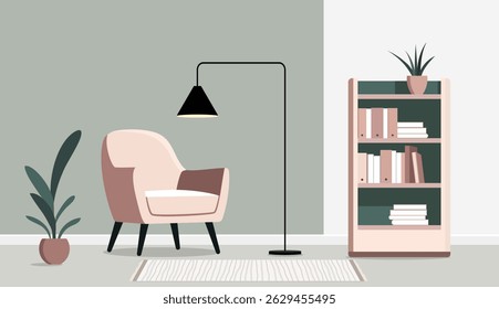 Uma ilustração moderna minimalista de um canto interior acolhedor. Uma poltrona, abajur, estante. Tons suaves sem som