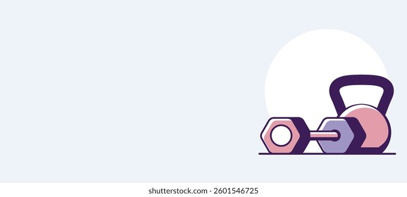 A minimalist, modern illustration featuring fitness equipment placed on a light gray background with a soft white circular shape as a backdrop