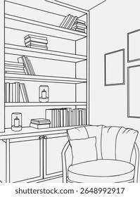 Arte moderna minimalista da linha interior, sala de estar elegante, leitura acolhedora ilustração canto. Design de interiores com quarto moderno em linha de esboço preto sobre fundo branco. Linha de desenho da sala de estar.
