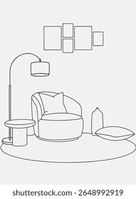 Arte moderna minimalista da linha interior, sala de estar elegante, leitura acolhedora ilustração canto. Design de interiores com quarto moderno em linha de esboço preto sobre fundo branco. Linha de desenho da sala de estar.