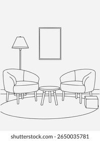 Arte moderna minimalista da linha interior, sala de estar elegante, leitura acolhedora ilustração canto. Design de interiores com quarto moderno em linha de esboço preto sobre fundo branco. Linha de desenho da sala de estar.