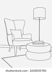 Arte moderna minimalista da linha interior, sala de estar elegante, leitura acolhedora ilustração canto. Design de interiores com quarto moderno em linha de esboço preto sobre fundo branco. Linha de desenho da sala de estar.
