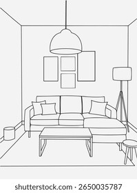 Arte moderna minimalista da linha interior, sala de estar elegante, leitura acolhedora ilustração canto. Design de interiores com quarto moderno em linha de esboço preto sobre fundo branco. Linha de desenho da sala de estar.