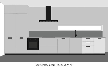 Minimalist modern kitchen interior design in a grey color palette, featuring sleek cabinets, sink, and built-in oven.