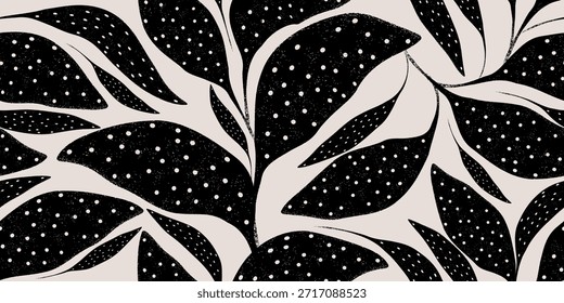 Modelo inconsútil moderno minimalista de la hoja. Elegante ilustración botánica en blanco y negro. Diseño de Vector de plantas simple y elegante. Patrón de naturaleza orgánica monocromo para tela textil.