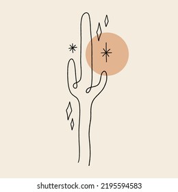 Minimalist modern line abstract wild cactus, contemporary meditative harmony landscape vintage desert Arizona concept. Vector and jpg printable image, unique boho clipart illustration, editable